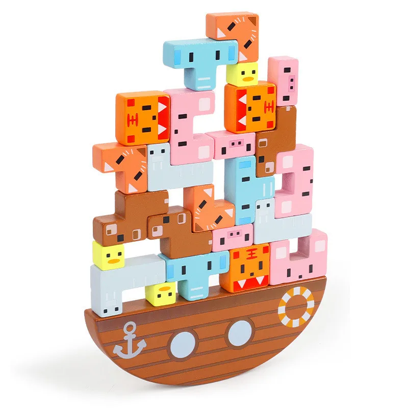 Wooden Animal Balance Boat Stacked High Building Block Board Game Montessori Early Childhooduzzles Educational Toys For Children