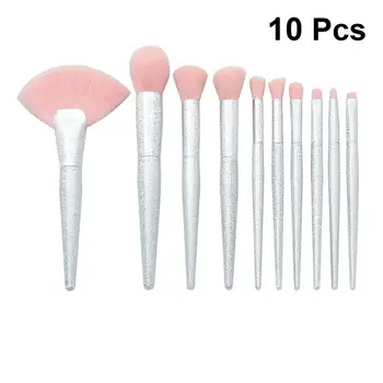 

10pcs in 1 Set Professional Cone Shape Silver Handle Cosmetic Brushes Elegant Makeup Brushes Set Soft Pink Hair Makeup Tools Set