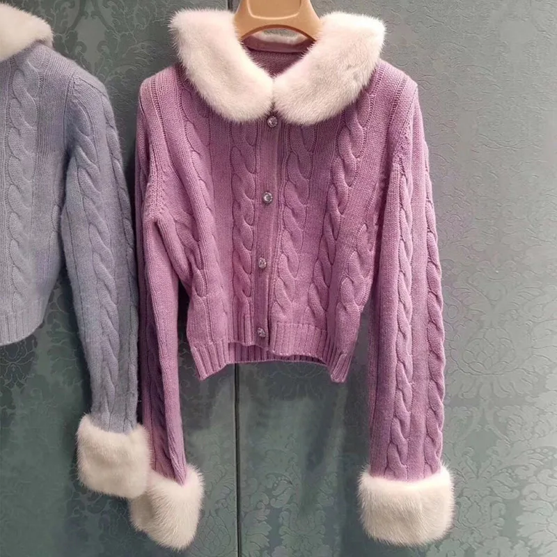 lady Sweet Girl Style Short Fund Sweater Early Autumn Lead Skinny Hemp Flowers Knitting Cardigan ZX512 - Цвет: Violet