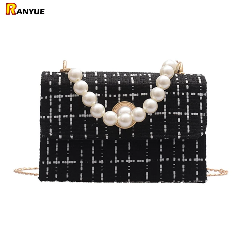 

Fashion Pearl Girls Handbag Wool Flap Crossbody Bags For Women Mini Small Square Bag Chains Ladies Shoulder Bags Women Knit Bag