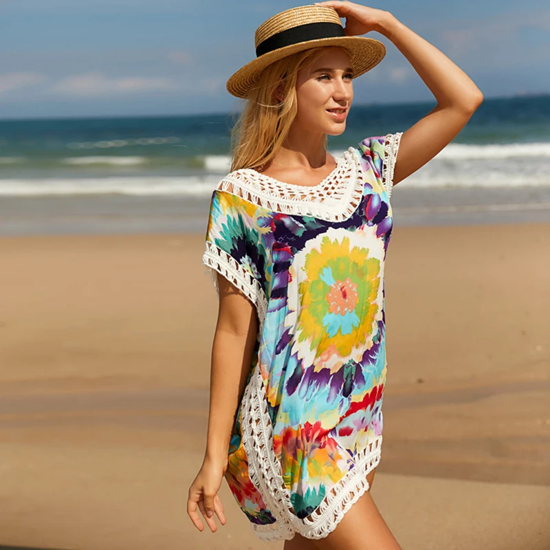 white bikini cover up Bikini Coverup Beach Dress  2021 Summer Sexy Beachwear Color Printing Cotton Crochet Knitted Tunic  Cover Ups For Swimwear Women beach maxi dress with sleeves