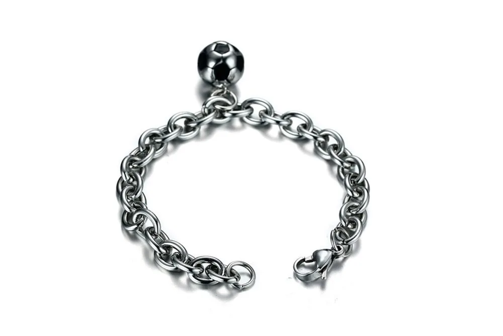 Fashion Mens Chain Bracelet with Soccer Ball Charm Stainless Steel Football Sports Jewelry Lobster Claw 15