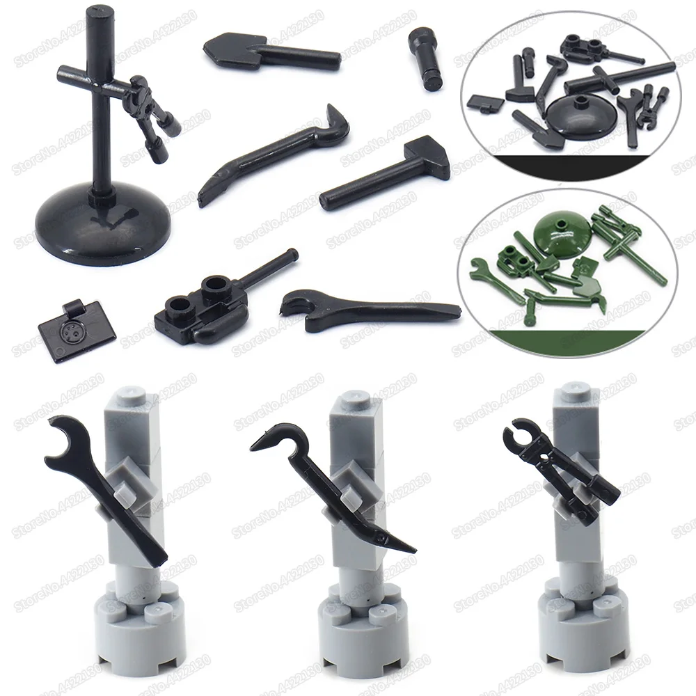 

Assembly Military Black Tool Set Walkie Talkie Wrench Building Block Force Ww2 Army Logistics Figures Repair Model Boy Gift Toys