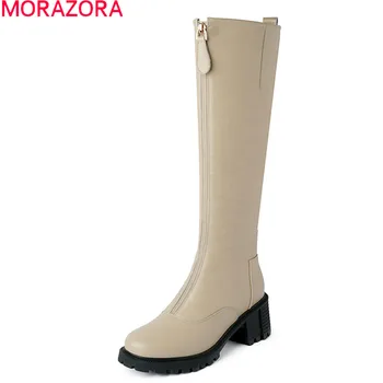 

MORAZORA 2021 New Arrival Women Boots Genuine Letaher Boots Thick Heels Round Toe Platform Winter Knee High Boots Black