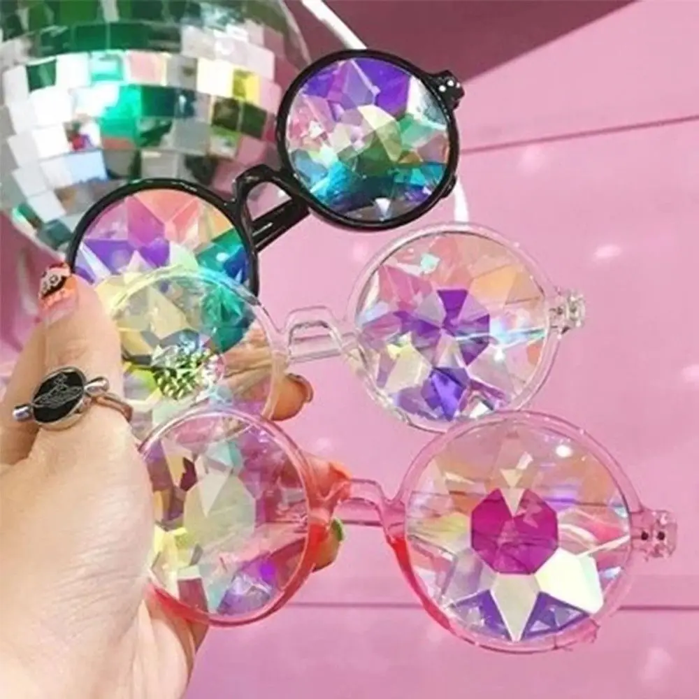 New Clear Round Glasses Kaleidoscope Eyewears Crystal Lens Party Rave Music Festival Sunglasses Friend Gifts vintage classics party dating reflective lens irregularity design metal frame polygon sunglasses clear lens glasses accessories