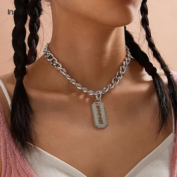 

IngeSight.Z Punk Hip Hop Razor Blades Shaped Pendant Necklace Men Silver Color Miami Curb CUban Thick Choker Necklaces Jewelry