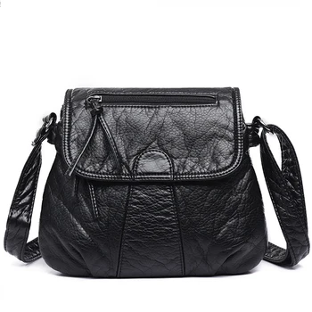 

New Black Small Women Messenger Bag Soft Washed PU Leather Crossbody Bag Female Handbag Purses Chain