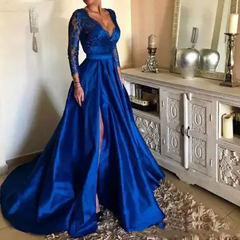 

African V Neck Royal Blue Plus Size Evening Dresses Sexy Lace Appliques Long Sleeves High Side Split Prom Dress Formal Party Gow