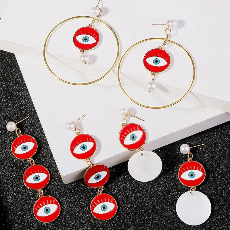 Statement Red Enamel Evil Eye Earrings For Women 2020 Fashion Gold Round Circle Handmade Pearl Drop Earring Party Jewelry | Украшения и