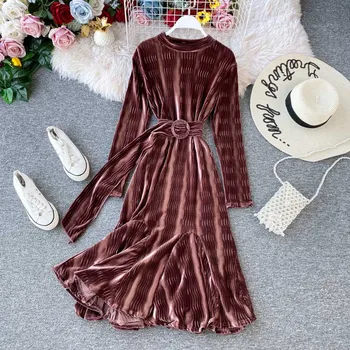 

2020 Winter Pleuche Trumpet Long Dress Vintage Streetwear With Sashes Casual O Neck Korean Style Warm Women Maxi Dress