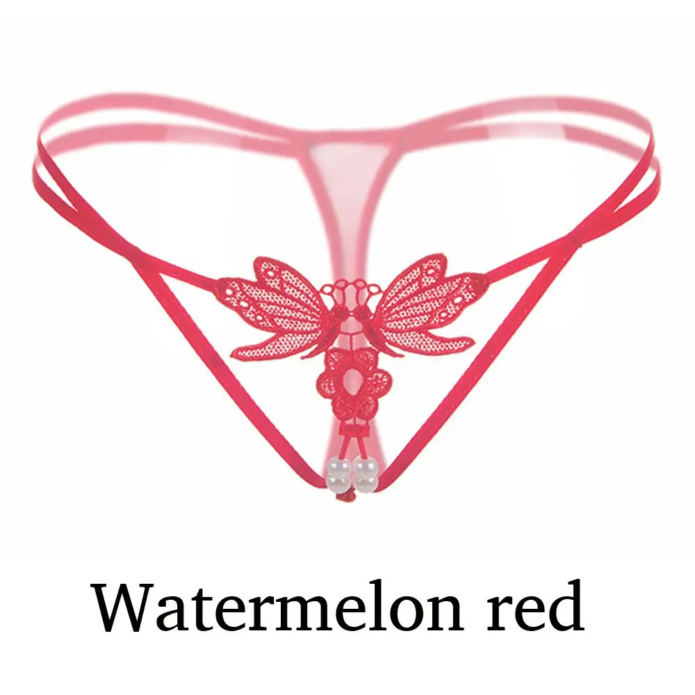Женские сексуальные кружевные трусики с жемчужинами и вышивкой в виде бабочек, трусики-стринги, сексуальное эротическое Бандажное нижнее белье, стринги, бесшовное белье - Цвет: Watermelon red
