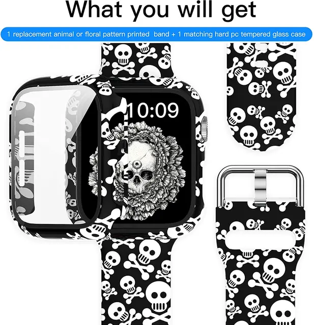 Silicone Strap+Cover for Apple Watch Bands 44mm 40mm 42mm 38mm Screen Protector, Glass+Silicone Wristband Strap for iwatch 2 in1 Case Band 07