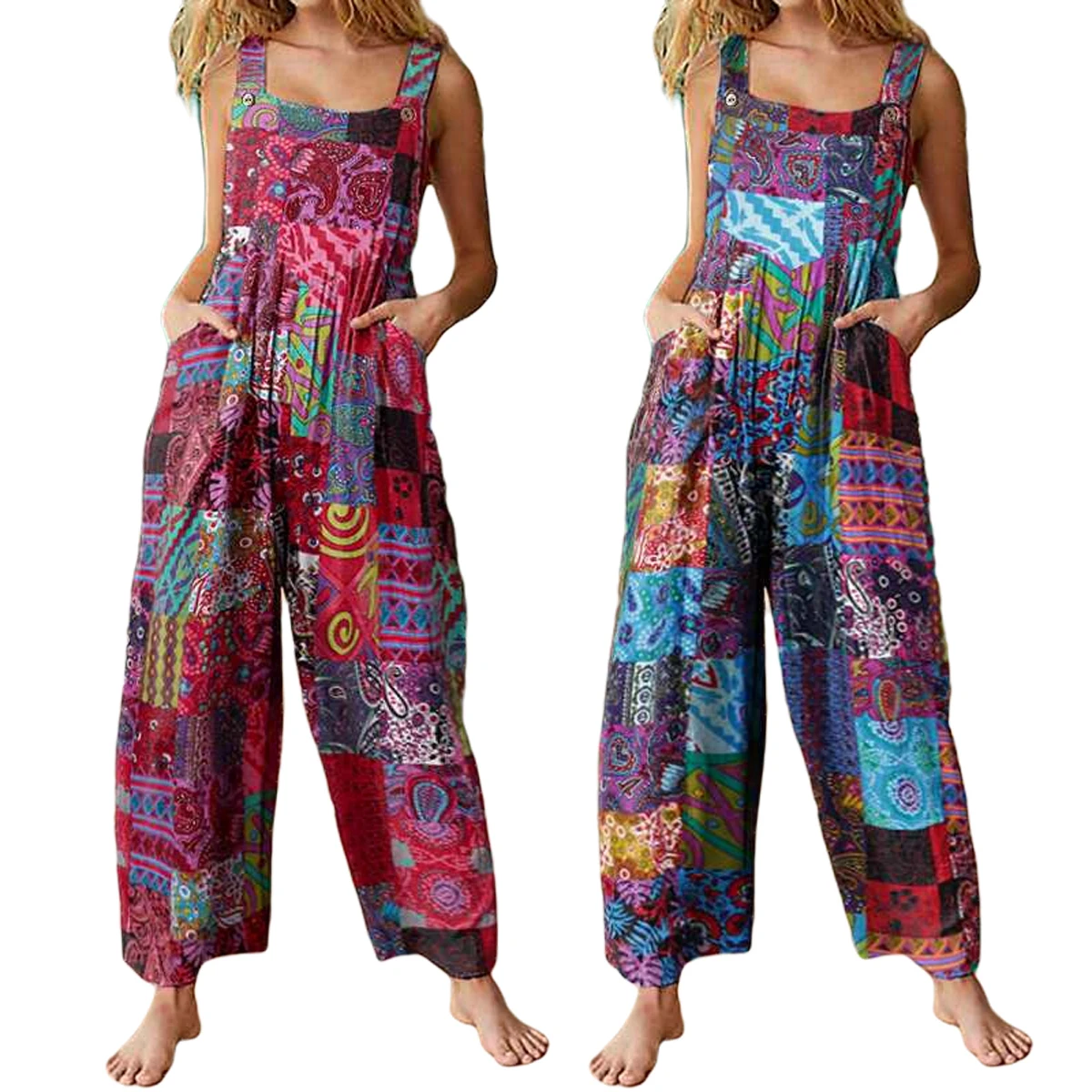 

Women Boho Printed Jumpsuits, Casual Sleeveless Button Front Long Rompers Jumpers Wide Leg Pants