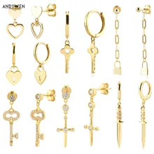 ANDYWEN 925 Sterling Silver Gold Heart Key Cross Chain Drop Earring Piercing Luxury Jewelry 2021 Women Wedding Party Jewels Gift
