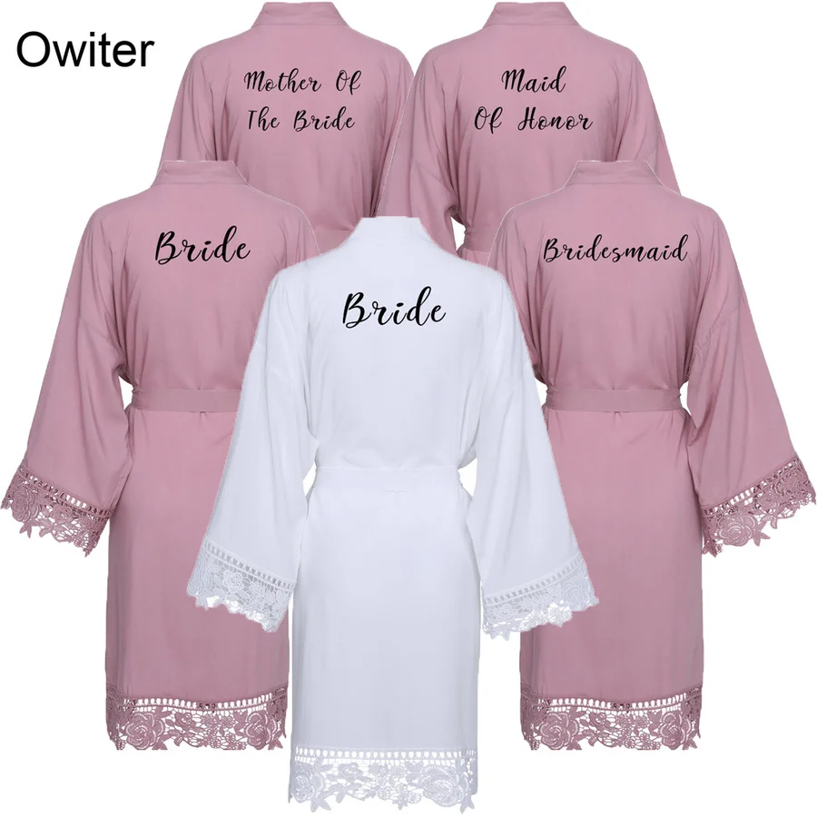 Owiter искусственный шелк Mauve однотонное хлопковое кимоно халаты с кружевной отделкой женское свадебное платье короткий пояс халат пижамы белое платье