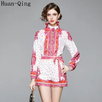 

Office Lady Summer Red 2 Piece Set Women Long Sleeve Single breasted Print Shirt Tops + Belt Wide Leg Shorts Two Piece Set Suit