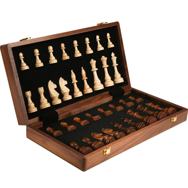 Jeu d'échecs pliant en bois de qualité supérieure, grand travail manuel classique traditionnel, pièces en bois massif, échiquier en noyer, cadeau pour enfants, jeu de société 1