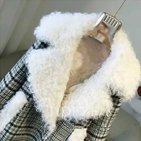 Woman Plaid Woolen Coat Fleece Warm Lamb Blazer Jacket