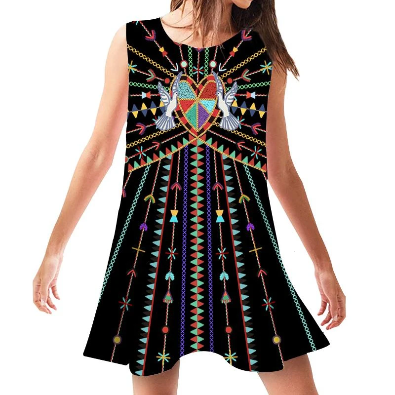 

Summer Female Dress Casual O Neck Sleeveless Dresses Summer 2019 Sexy Beach Wear Vintage Print Sundress Loose Swing Clothing
