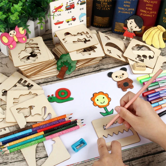 100Pcs Kids Wooden Drawing Stencils Kit Drawing Board Toys Coloring Puzzle Arts Crafts Set Box Educational Toys for Children 1