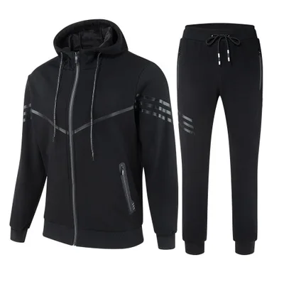 Мужская одежда для бега, спортивный комплект, спортивная одежда для спортзала, спортивные костюмы с длинным рукавом, зимние толстые толстовки, мужские свитшоты, куртка+ штаны для мужчин - Цвет: DSW5 Black