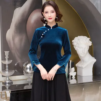 

Blue Women's Velour Shirt Tops Traditional Chinese style Lady Spring Autumn Blouse Handmade Button Qipao Mujer Camisa M-XXXL