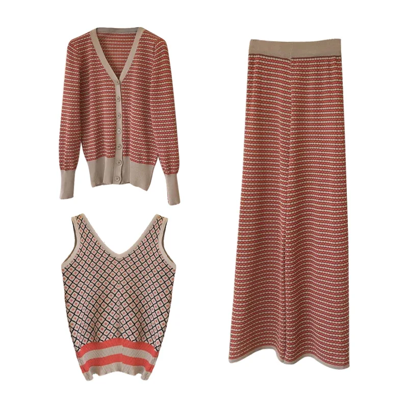 

Women Clothing Matching 3 Pieces Sets Autumn Long Sleeve Striped Cardigan Split +Wide Leg Pants Knitted Three-Piece Sets Women