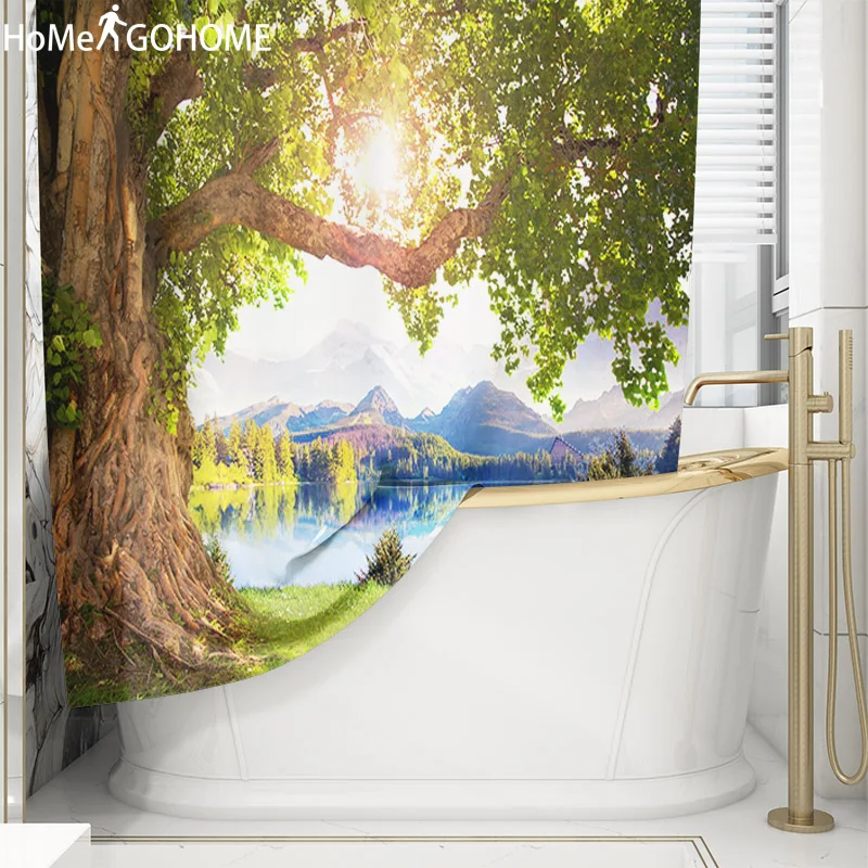 Солнце горное дерево Пейзаж занавеска для душа s ванная комната занавес 3D водонепроницаемый плесени устойчивая занавеска для ванной Арт Декор