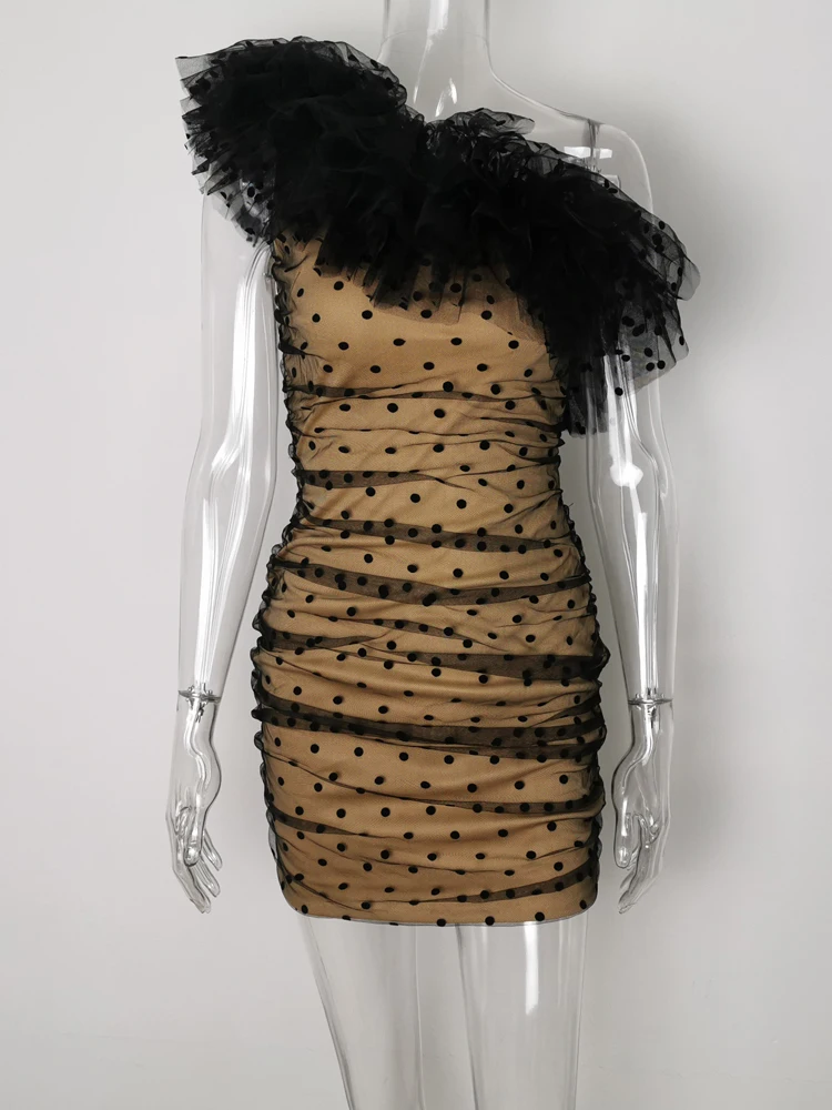 JillPeri женское расклешенное платье на одно плечо без рукавов в горошек пикантная Клубная одежда с рюшами Вечерние мини-платья знаменитостей