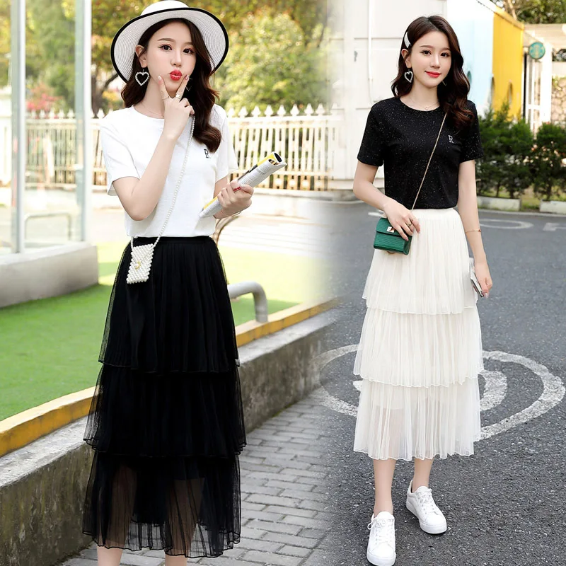 

Solid Color 2019 Summer Crew Neck Fashion Comfortable Elegant Short Sleeve Simple Versatile Cake Dress Set