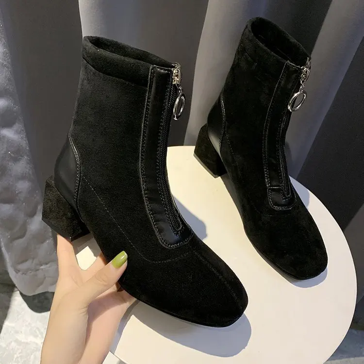 Женские ботинки средней высоты на квадратном каблуке; Zapatos de mujer; модные однотонные Ботинки martin из флока; повседневные женские ботинки «Челси»; короткие плюшевые ботинки
