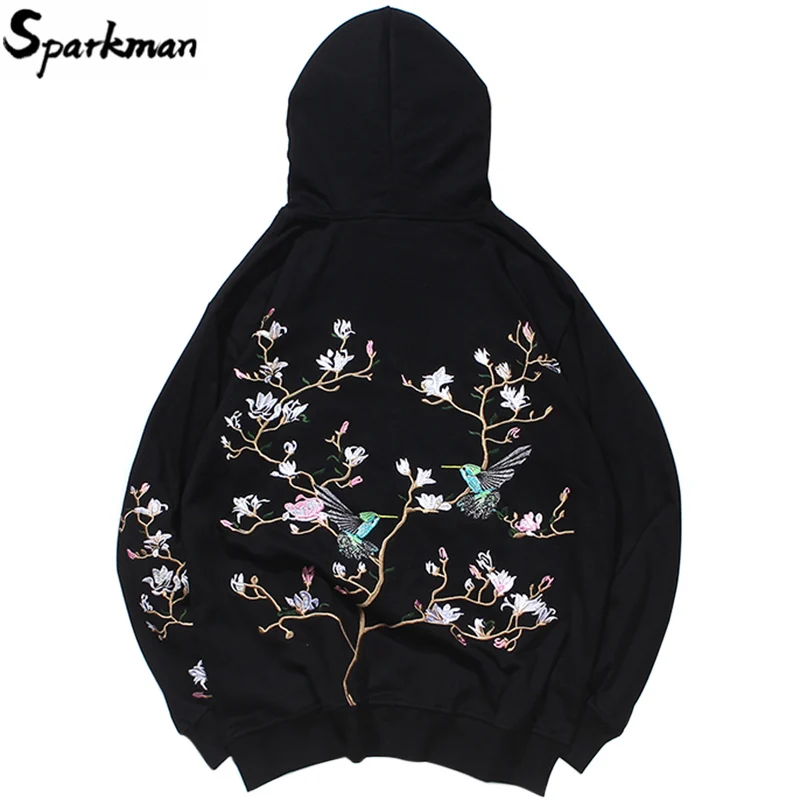 

2019 Harajuku Mens Hoodie Embroidery Bird Loose Pullover Sweatshirt Hip Hop Streetwear Hoodies Cotton Floral Sweat Shirt Autumn