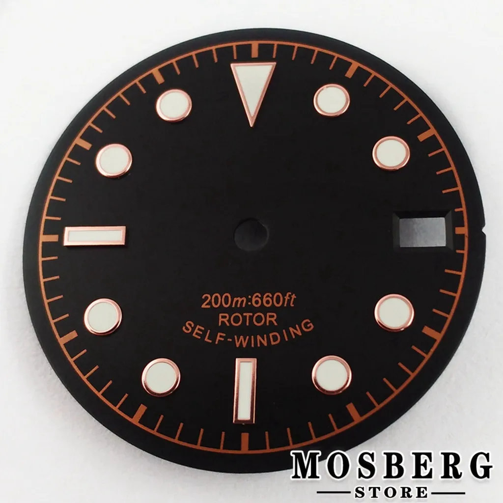 Sterile Luminous Black and Green Watch Dial with Date Window and Hands - 28.5mm