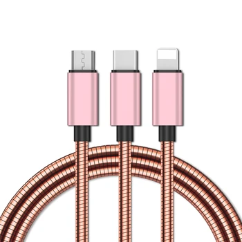 

KQJYS 3 in 1 USB Cable for iPhone lightning Fast Charging Cable Micro USB Type C Phone Cable Stainless Steel Metal Data Cord