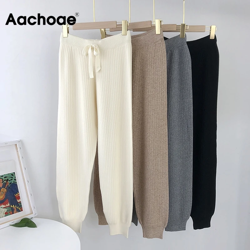 Aachoae Casual Knitted Pants Women Drawstring Elastic Waist Long Trousers Female Solid Color Ladies Pencil Pants Pantalones Aachoae Casual Knitted Pants Women Drawstring Elastic Waist Long Trousers Female Solid Color Ladies Pencil Pants Pantalones