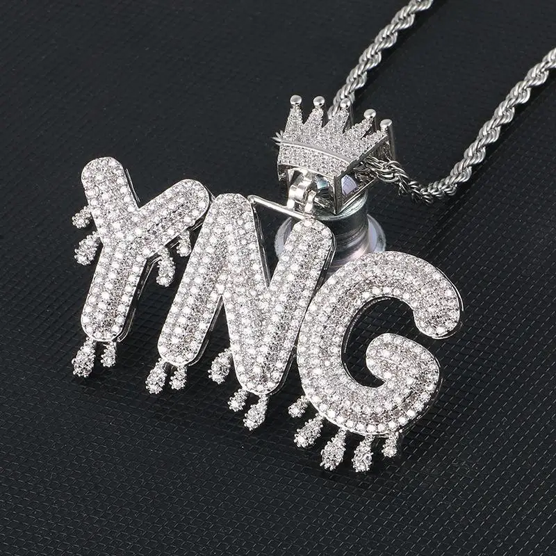 Dripping Bubble Initial Letters Custom Name Pendant With Crown Women Men's Hip Hop Jewelry Full Cubic Zircon Drop Shipping | Украшения