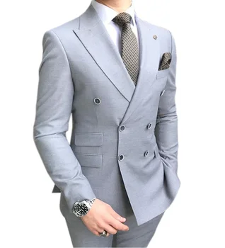 

Formal Grey Men's Double Breasted Suits 2 Pieces Regular Fit Notch Lapel Solid Prom Tuxedos For Wedding (Blazer+Pants)