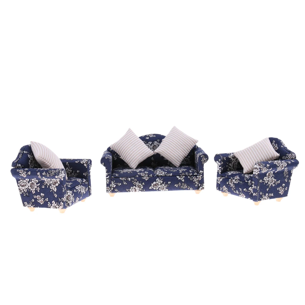 1/12 Dolls House Furniture Living Room Sofa Armchairs Cushions Pillows Blue