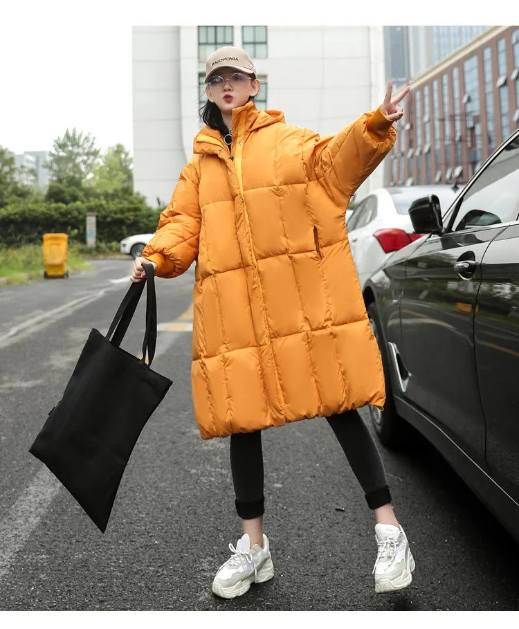 New Winter Hooded Long Sleeve Solid Color Black Orange Down Cotton-padded Warm Loose Big Size Jackets Women parkas Fashion