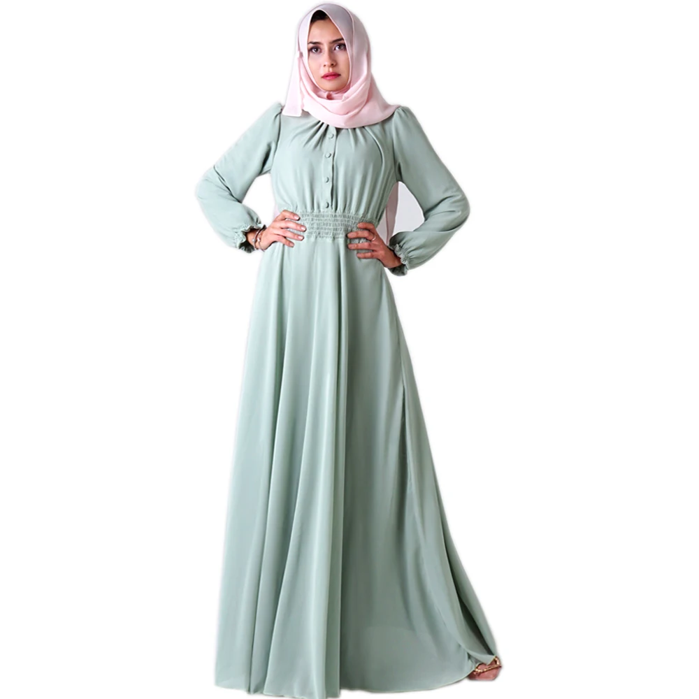 Мусульманское платье-хиджаб трапециевидной формы с эластичной талией, женское однотонное платье Абая с пуговицами размера плюс, abaya Robes, Дубай, Арабская Исламская одежда - Цвет: Light Green