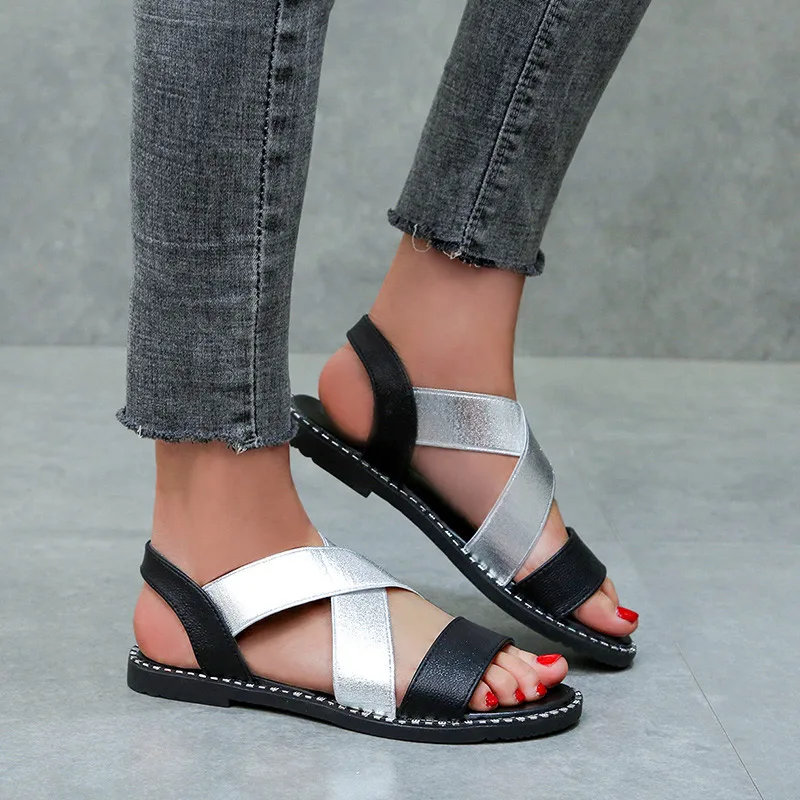 

Women's Shoes Classic Elastic Band Ladies Flat Sandals Women Gold Leather Woman Sewing Rome Open Toe Female Summer 2020