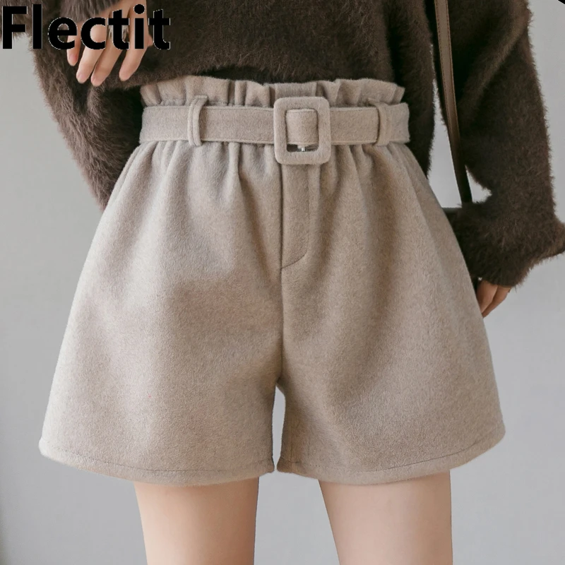 Flectit, женские пушистые шорты с поясом, Осень-зима, искусственный мех, широкие штаны, высокая талия, теплые шорты цвета хаки, наряд