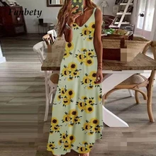 2020 Spring Summer Maxi Dress Women Sexy Deep V-neck Floral Print Party Dress Elegant Sleeveless Beach Lady Long Dresses Vestido(China)