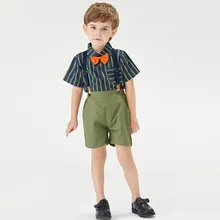 

Newborn Boys Gentleman Clothes Outfit Suit Set Baby Tie Bow Striped Printed Romper + Shorts Belt Infant kid Clothing