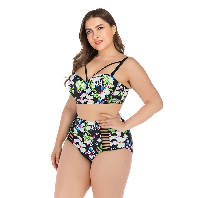 

Summer Bikini Plus Size Swimsuit Floral Strappy High Waist Hollow-out Swimwear Bikini Women Beachwear L To 4XL