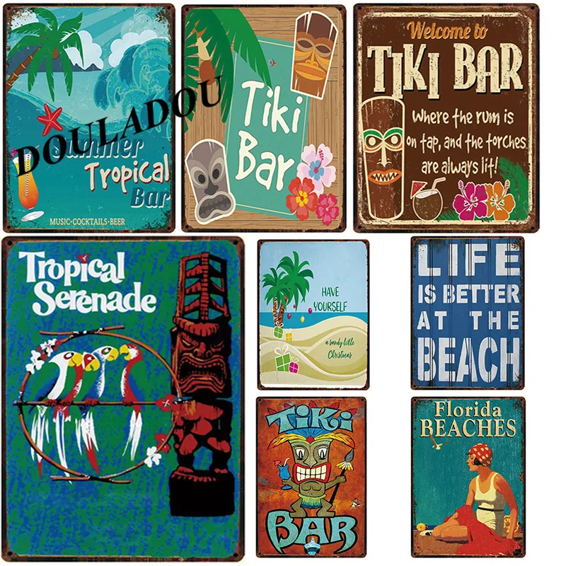 [Douladou] Tiki Bar винтажный металлический оловянный знак Флориды жизнь лучше на пляже