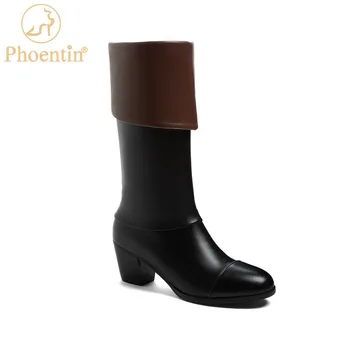 

Phoentin Women's Black Mid-Calf Boot Luxury Brand Winter Boots 2020 Runway Show High Heels Round Toe Shoes FT1237