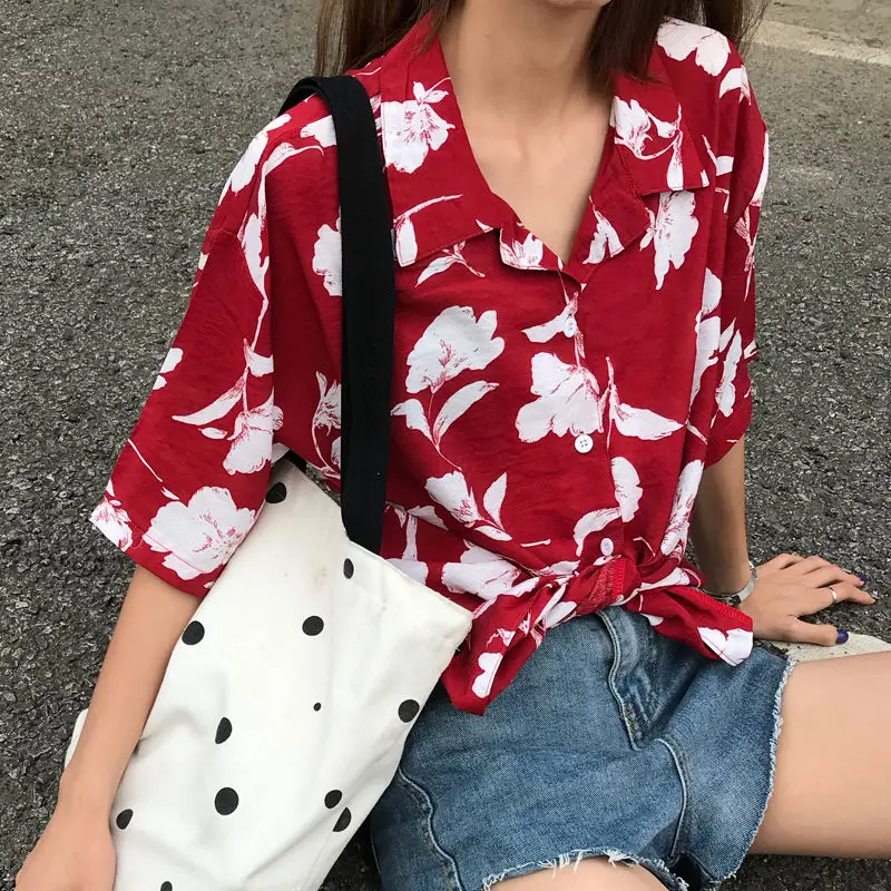 

Women's Summer Chiffon Blouse Korean Version Of The Loose Lapel Short-sleeved Cartoon Pattern Shirt Beach Wind Coat Women Tops