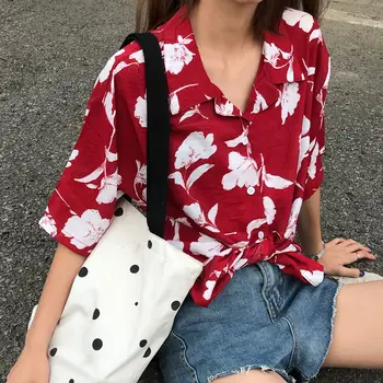 

Women's Summer Chiffon Blouse Korean Version Of The Loose Lapel Short-sleeved Cartoon Pattern Shirt Beach Wind Coat Women Tops
