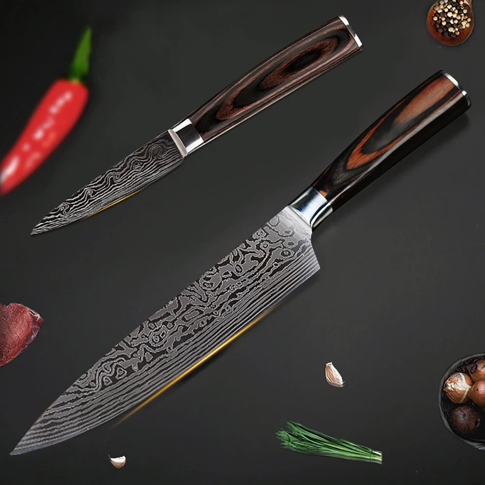 Anpro 8 дюймов японские кухонные ножи лазерный дамасский нож шеф-повара острый Santoku Кливер нож для нарезки нож инструмент